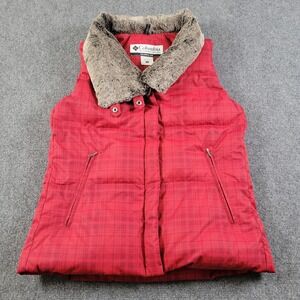 Columbia Vest Womens Large Red Plaid‎ Faux Fur Collar Down Puffer Winter Jacket